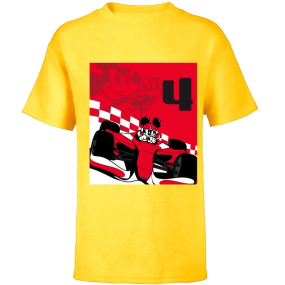 Disney Racing 4th Birthday 4 Years Old Mickey Mouse Race Car - Short Sleeve T-Shirt for Kids - Customized-Yellow