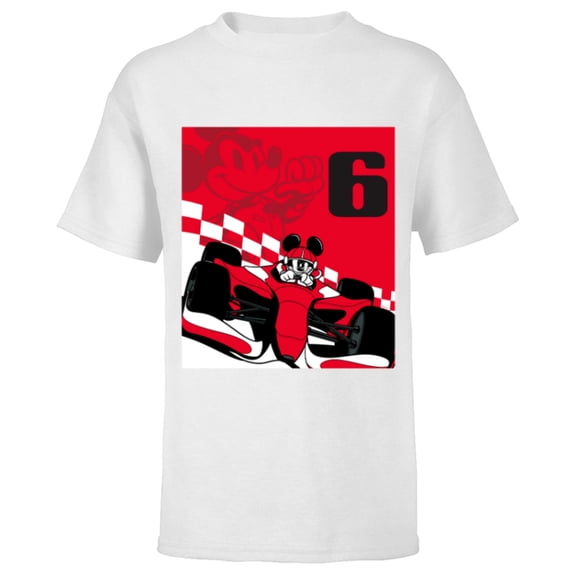 Disney Racing 6th Birthday 6 Years Old Mickey Mouse Race Car - Short Sleeve T-Shirt for Kids - Customized-White