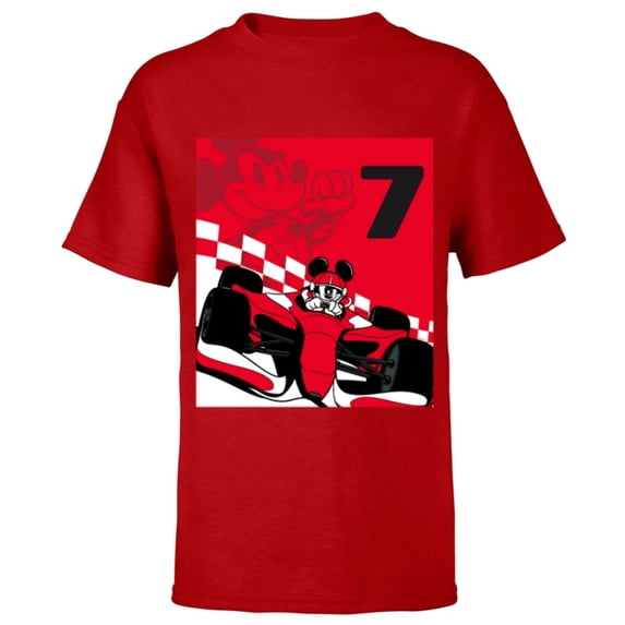 Disney Racing 7th Birthday 7 Years Old Mickey Mouse Race Car - Short Sleeve T-Shirt for Kids - Customized-Red