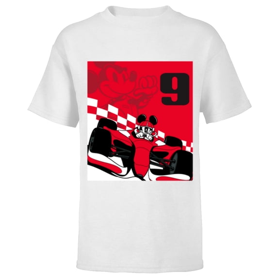 Disney Racing 9th Birthday 9 Years Old Mickey Mouse Race Car - Short Sleeve T-Shirt for Kids - Customized-White
