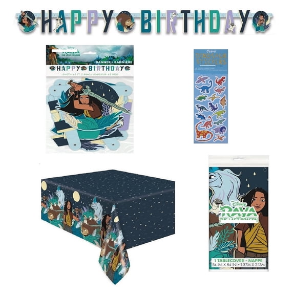 Disney Raya Birthday Party Supplies Bundle includes 1 Happy Birthday Banner, 1 Plastic Table Cover, 1 Dinosaur Sticker Sheet