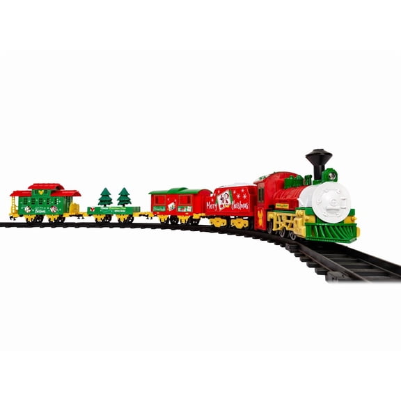 Disney Mickey Mouse Christmas Ready to Play Lionel Miniature Battery-Powered Mini Model Train Set With Lighted Headlight, Gondola, Boxcar & Caboose, 29 Piece Set for Ages 4+