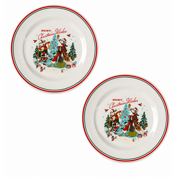 Disney Retro Mickey and Friends Best Christmas Wishes Plate Set of 2 New
