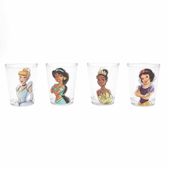 Silver Buffalo Disney Princess Vintage Sketch Mini Glasses 4 Pack Featuring Cinderella, Elsa, Snow White, and Jasmine, 1.5 Ounces