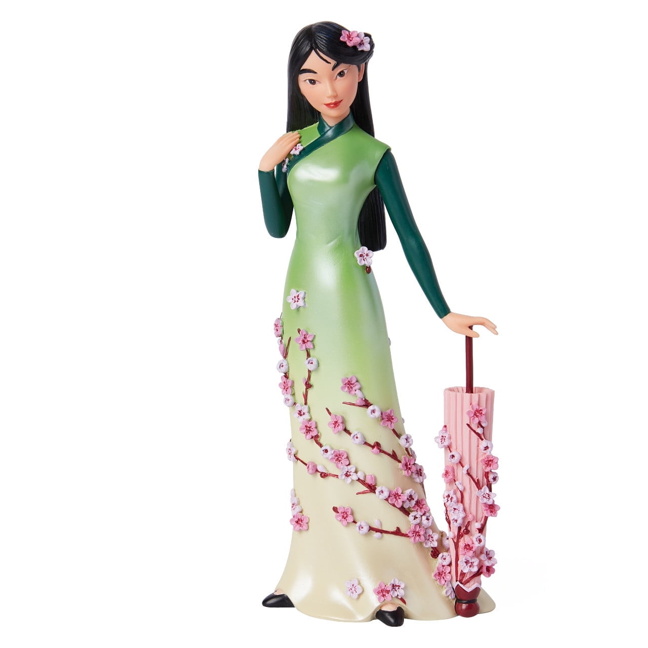 Botanical Mulan Figurine in Green Ombre Dress with Cherry Blossom Umbrella