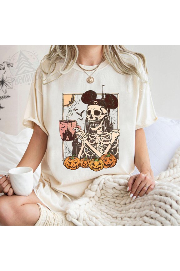 Disney Skeleton Mickey Ears Shirt Disney Spooky Season Pumpkin T-shirt Tee Birthday Gift S