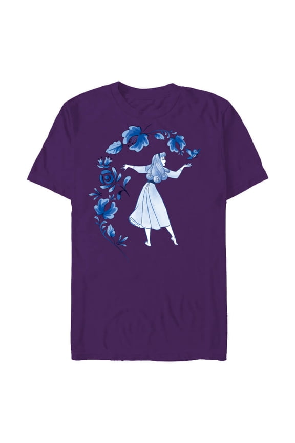 Sleeping Beauty Princess Aurora Blue Flowers T-Shirt- Short Sleeve Blended T-Shirt for Adults - Customized-Purple