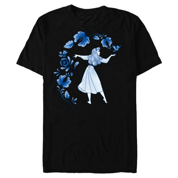 Disney Sleeping Beauty Princess Aurora Blue Flowers T-Shirt- Short Sleeve Blended T-Shirt for Adults - Customized-Black