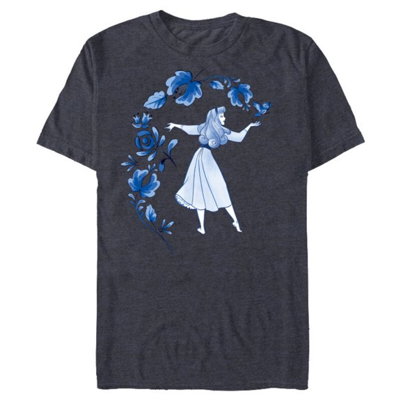 Disney Sleeping Beauty Princess Aurora Blue Flowers T-Shirt- Short Sleeve Blended T-Shirt for Adults - Customized-Navy Heather