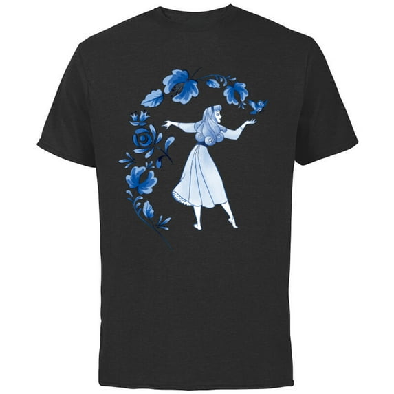 Disney Sleeping Beauty Princess Aurora Blue Flowers T-Shirt - Short Sleeve Cotton T-Shirt for Adults - Customized-Black