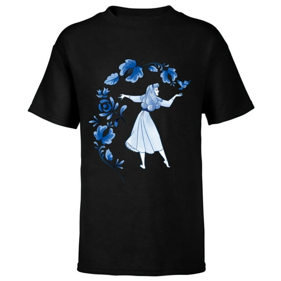 Disney Sleeping Beauty Princess Aurora Blue Flowers T-Shirt - Short Sleeve T-Shirt for Kids - Customized-Black
