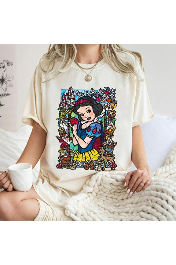 Disney Snow White Princess Comfort Colors Shirt, Retro Snow White & The Seven Dwarfs Floral Stained Glass T-shirt, Birthday Gift Tee, Magic Kingdom, Ivory Color, Size XL