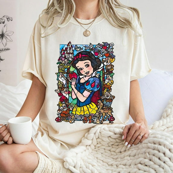 Disney Snow White Princess Comfort Colors Shirt, Retro Snow White & The Seven Dwarfs Floral Stained Glass T-shirt, Birthday Gift Tee, Magic Kingdom, Pepper Color, Size XL