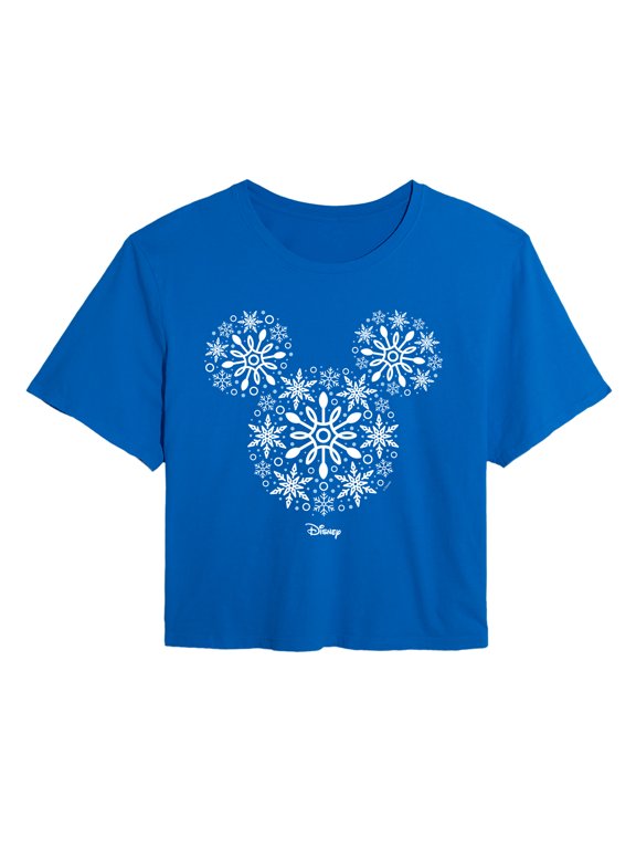 - Mickey Ears Snowflakes - Juniors Cropped Graphic T-Shirt