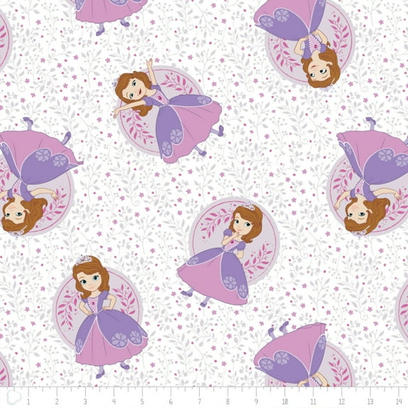 Disney Sofia The First Poses White Camelot 100% Cotton Fabric By The Yard