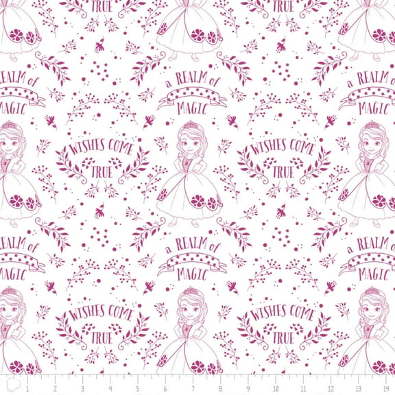 Disney Sofia the First Outline Toile in Fuchsia 100% Cotton Fabric Sold by the Yard