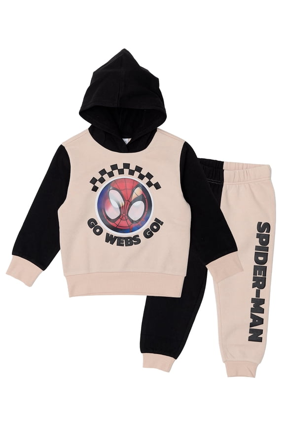 Spider-Man Toddler Boys’ Outfit Set - Two Piece Hoodie Sweatshirt with Holographic Patch & Puff Ink Jogger Pants (Brown, 5)