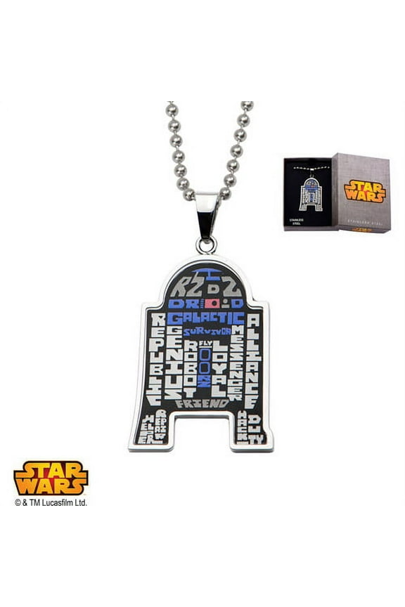 Disney Stainless Steel R2D2 Etched Wordings Pendant, 22