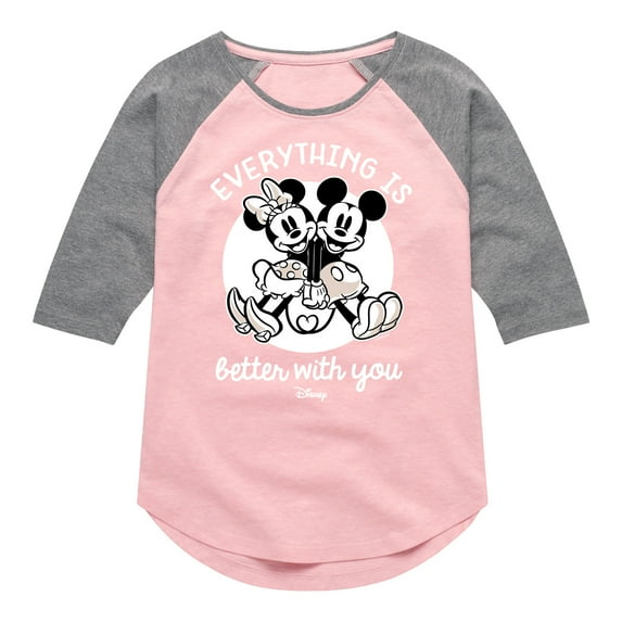 Disney Standard - Mickey & Friends - Mickey & Minnie - Everything is Better with You - Toddler And Youth Girls Raglan Graphic T-Shirt