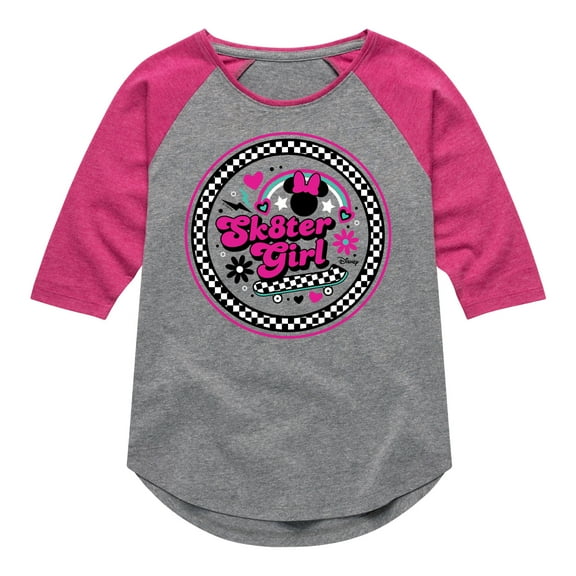 Disney Standard - Mickey & Friends - Skater Girl - Retro Style - Checkered Circle - Toddler And Youth Girls Raglan Graphic T-Shirt