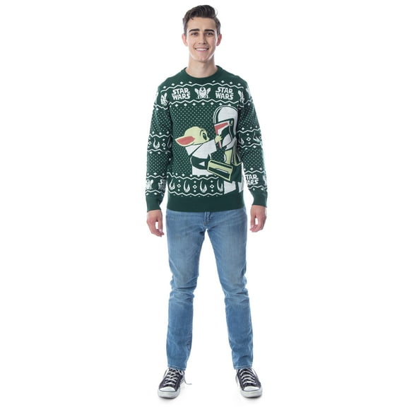 Disney Star Wars Mens' The Mandalorian Grogu Goodbye Holiday Knit Ugly Christmas Sweater