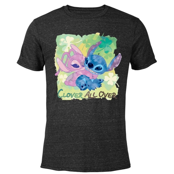Disney Stich and Angel Shamrock St. Patrick’s Day - Short Sleeve Blended T-Shirt for Adults - Customized-Black