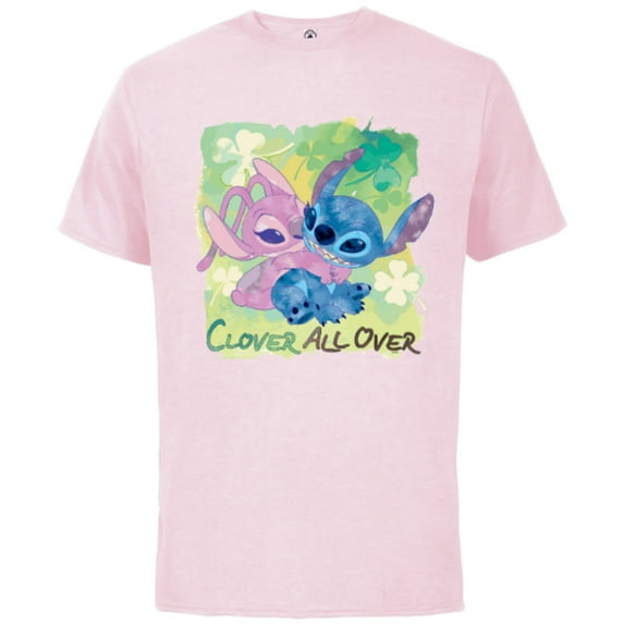 Disney Stich and Angel Shamrock St. Patrick’s Day - Short Sleeve Cotton T-Shirt for Adults - Customized-Soft Pink