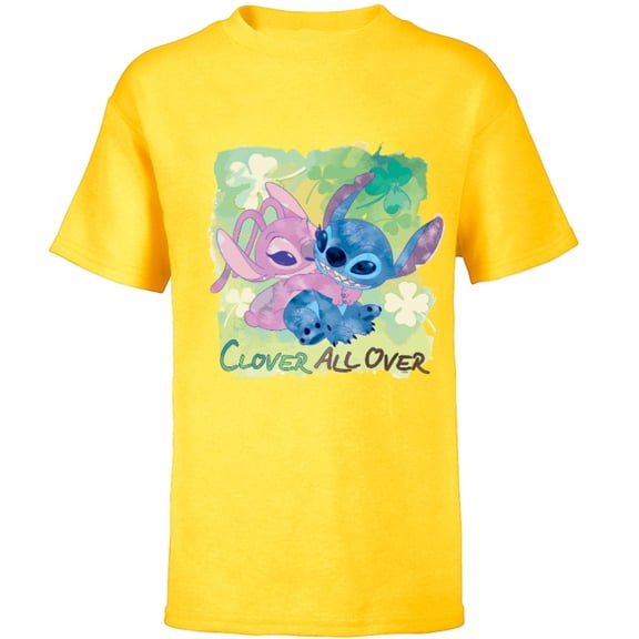 Disney Stich and Angel Shamrock St. Patrick’s Day - Short Sleeve T-Shirt for Kids - Customized-Yellow