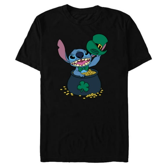 Disney Stitch 4-Leaf Clover Pot of Gold St. Patrick's Day - Short Sleeve Blended T-Shirt for Adults - Customized-Black