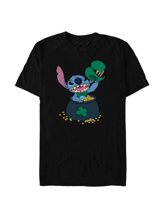 Stitch 4-Leaf Clover Pot of Gold St. Patrick's Day - Short Sleeve Blended T-Shirt for Adults - Customized-Black