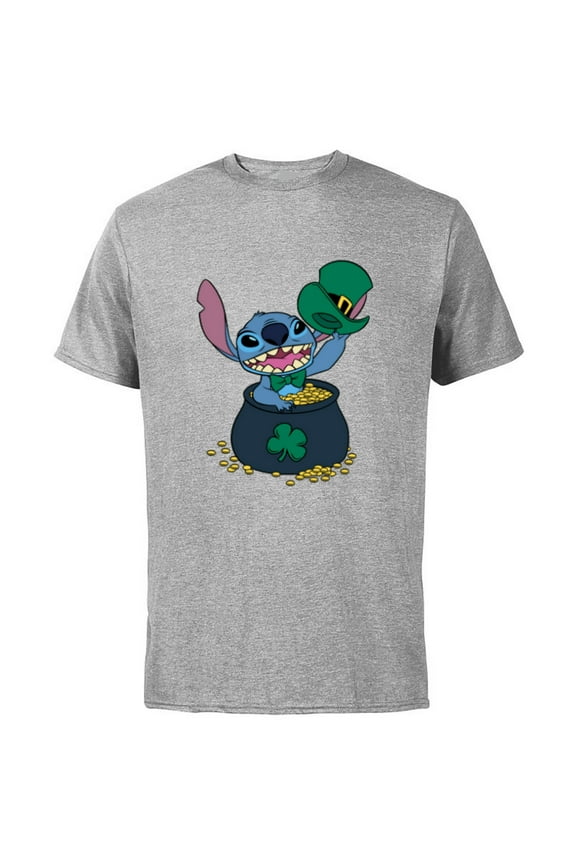 Stitch 4-Leaf Clover Pot of Gold St. Patrick's Day - Short Sleeve Cotton T-Shirt for Adults - Customized-Athletic Heather