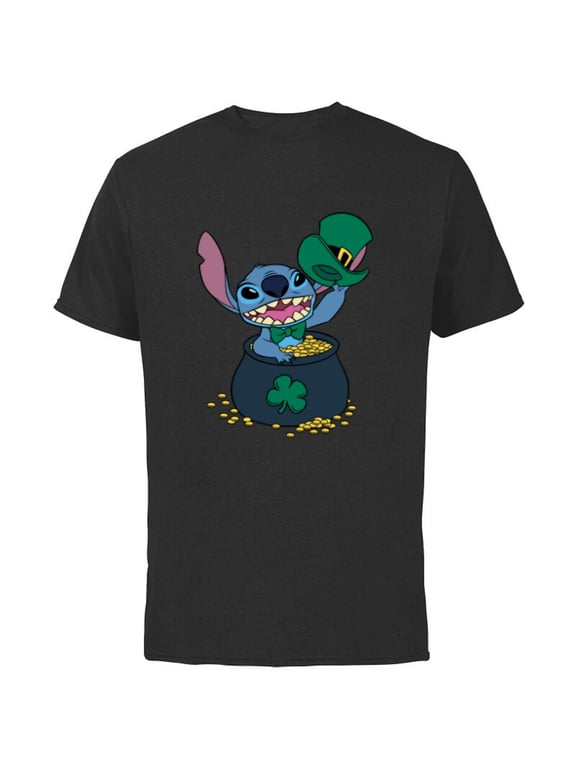 Stitch 4-Leaf Clover Pot of Gold St. Patrick's Day - Short Sleeve Cotton T-Shirt for Adults - Customized-Black
