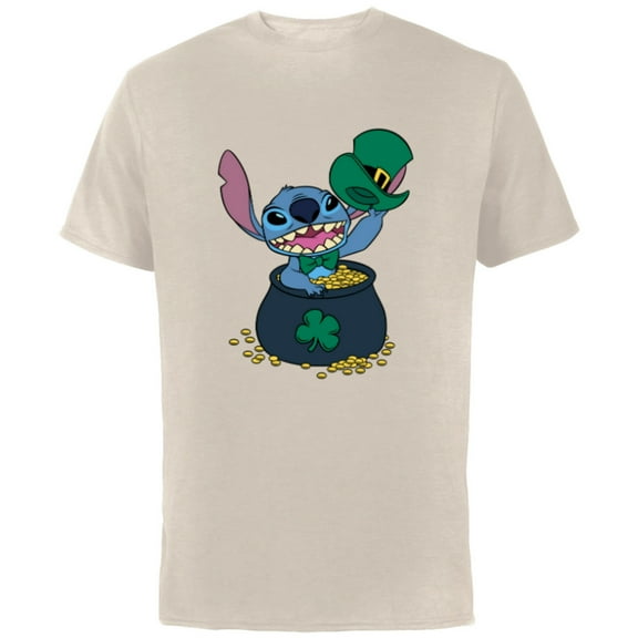 Disney Stitch 4-Leaf Clover Pot of Gold St. Patrick's Day - Short Sleeve Cotton T-Shirt for Adults - Customized-Natural