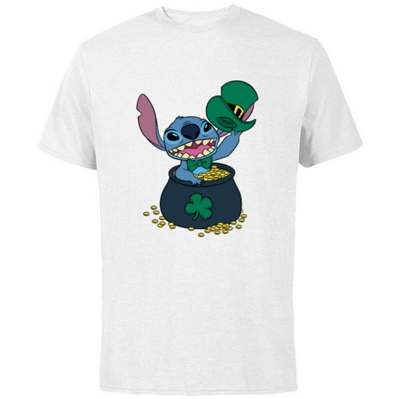 Disney Stitch 4-Leaf Clover Pot of Gold St. Patrick's Day - Short Sleeve Cotton T-Shirt for Adults - Customized-White