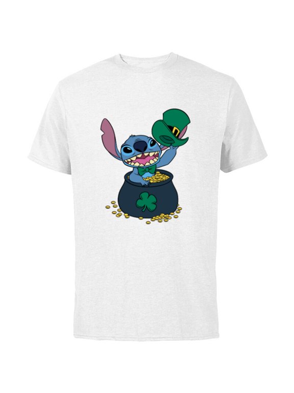 Stitch 4-Leaf Clover Pot of Gold St. Patrick's Day - Short Sleeve Cotton T-Shirt for Adults - Customized-White