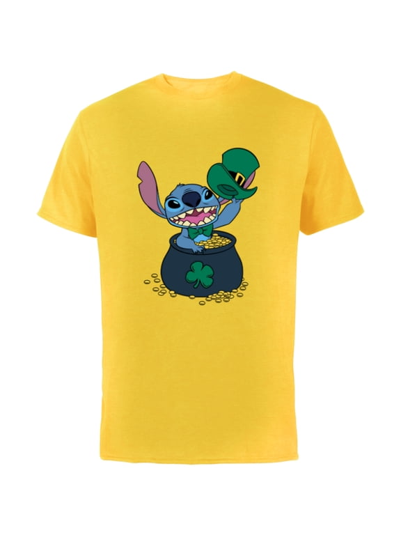 Stitch 4-Leaf Clover Pot of Gold St. Patrick's Day - Short Sleeve Cotton T-Shirt for Adults - Customized-Yellow