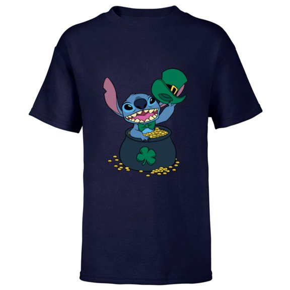 Disney Stitch 4-Leaf Clover Pot of Gold St. Patrick's Day - Short Sleeve T-Shirt for Kids - Customized-Navy