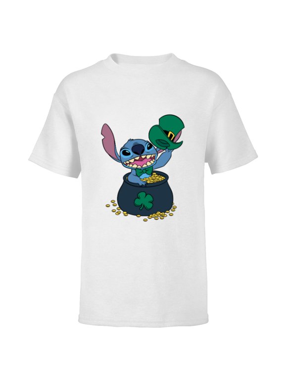 Stitch 4-Leaf Clover Pot of Gold St. Patrick's Day - Short Sleeve T-Shirt for Kids - Customized-White
