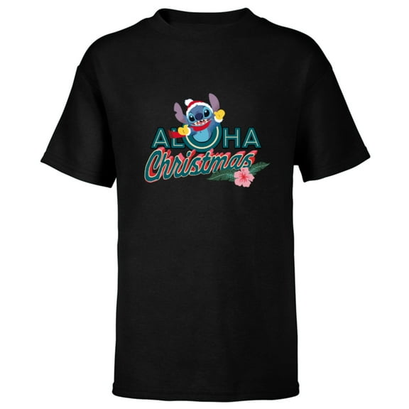 Disney Stitch Aloha Christmas Holiday Standard - Short Sleeve T-Shirt for Kids – Customized-Black