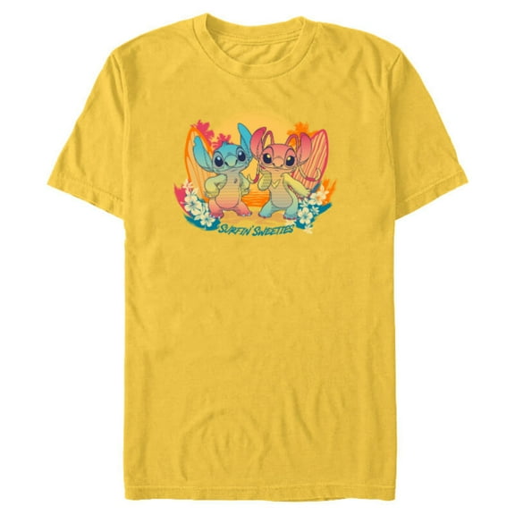Disney Stitch & Angel Beach Vibes Hawai'i Surfin' Sweeties - Short Sleeve Blended T-Shirt for Adults - Customized-Yellow