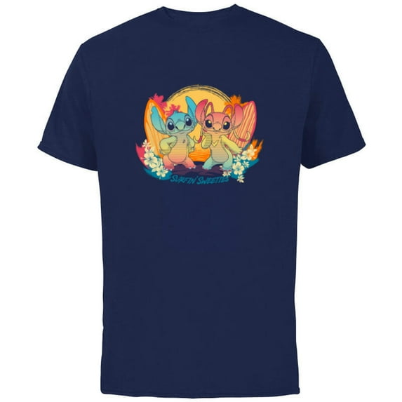 Disney Stitch & Angel Beach Vibes Hawai'i Surfin' Sweeties - Short Sleeve Cotton T-Shirt for Adults - Customized-Navy
