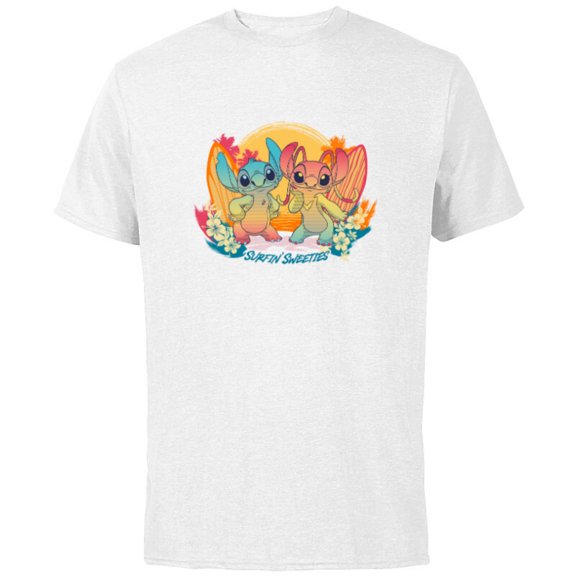 Disney Stitch & Angel Beach Vibes Hawai'i Surfin' Sweeties - Short Sleeve Cotton T-Shirt for Adults - Customized-White