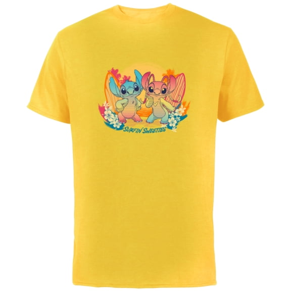 Disney Stitch & Angel Beach Vibes Hawai'i Surfin' Sweeties - Short Sleeve Cotton T-Shirt for Adults - Customized-Yellow