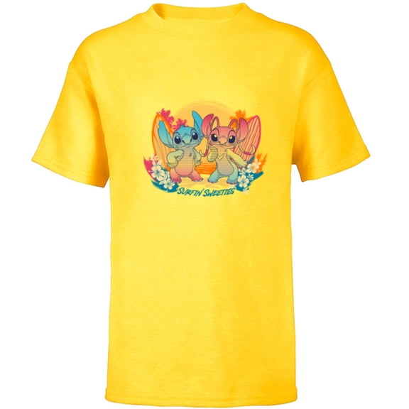 Disney Stitch & Angel Beach Vibes Hawai'i Surfin' Sweeties - Short Sleeve T-Shirt for Kids - Customized-Yellow