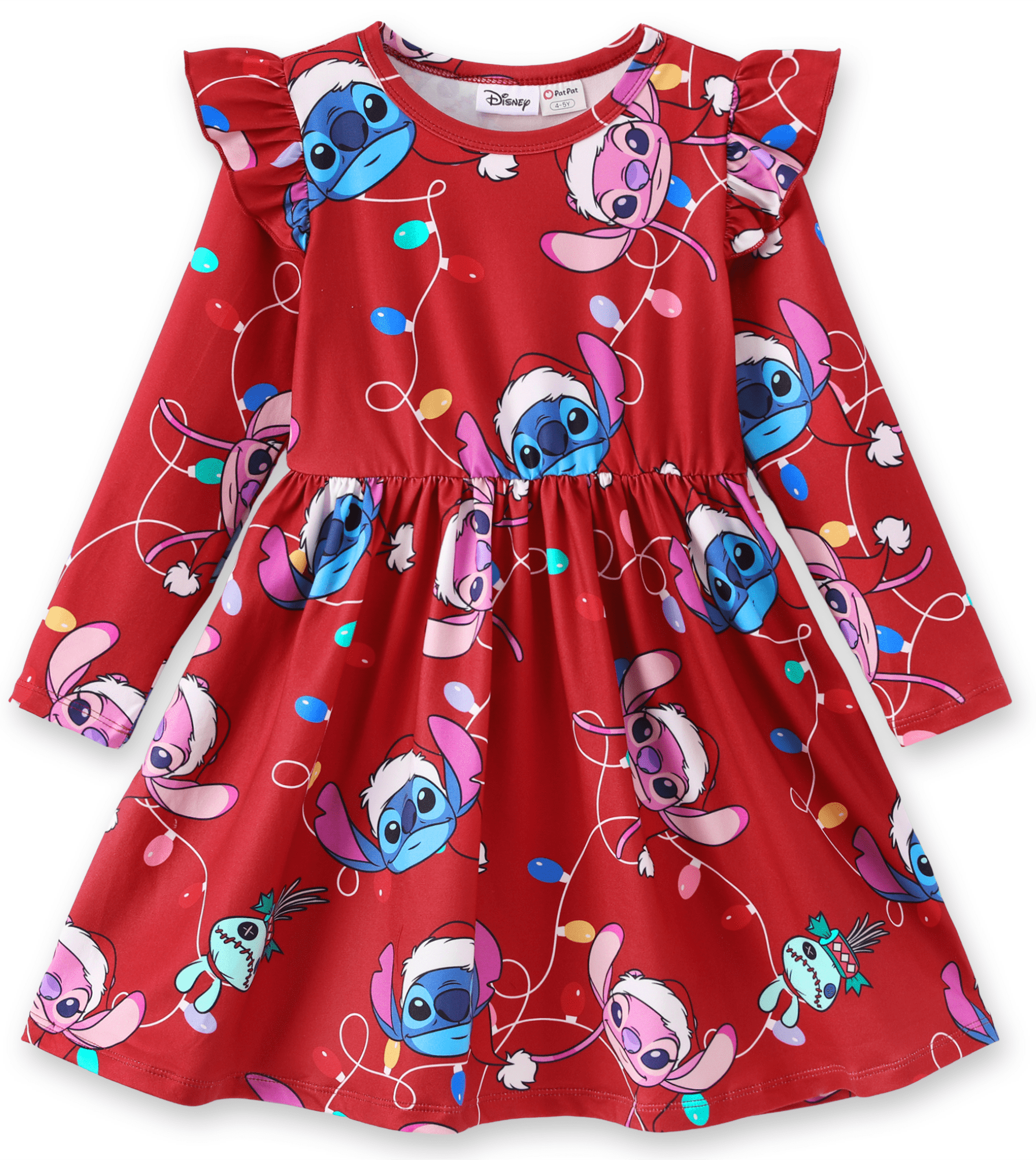 Disney Stitch Angel Girls Dresses Red Ruffle Christmas Lights Holiday Casual Dress Toddler Kids 8-9Y