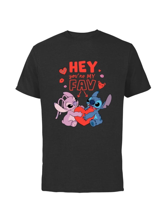 Stitch & Angel Hey You’re My Fav Love Valentine’s Day - Short Sleeve Cotton T-Shirt for Adults - Customized-Black