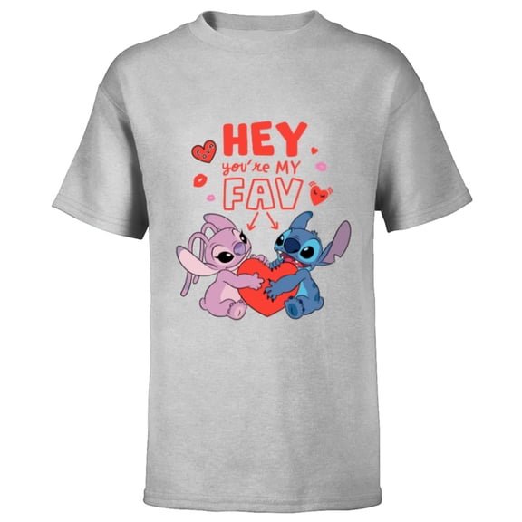 Disney Stitch & Angel Hey You’re My Fav Love Valentine’s Day - Short Sleeve T-Shirt for Kids - Customized-Athletic Heather