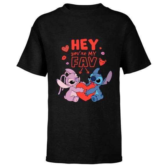 Disney Stitch & Angel Hey You’re My Fav Love Valentine’s Day - Short Sleeve T-Shirt for Kids - Customized-Black