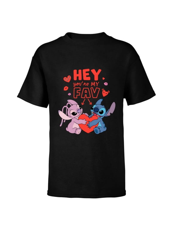 Stitch & Angel Hey You’re My Fav Love Valentine’s Day - Short Sleeve T-Shirt for Kids - Customized-Black