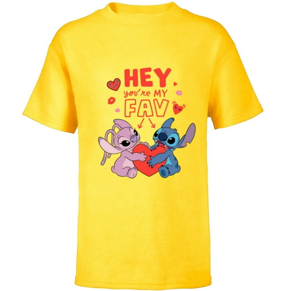 Disney Stitch & Angel Hey You’re My Fav Love Valentine’s Day - Short Sleeve T-Shirt for Kids - Customized-Yellow